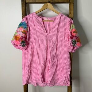 Jodifl Pink Gingham Women's Top with Embroidered Sleeves M